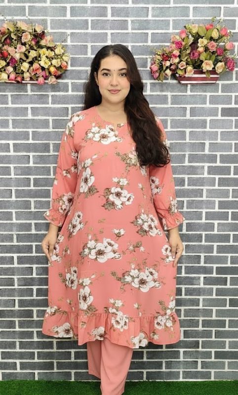 coral or peach floral print tunic top or kurti